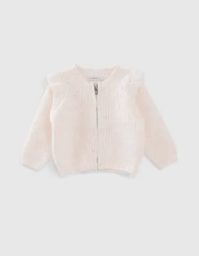 Cardigan blanc tricot doupions roses zippé bébé fille