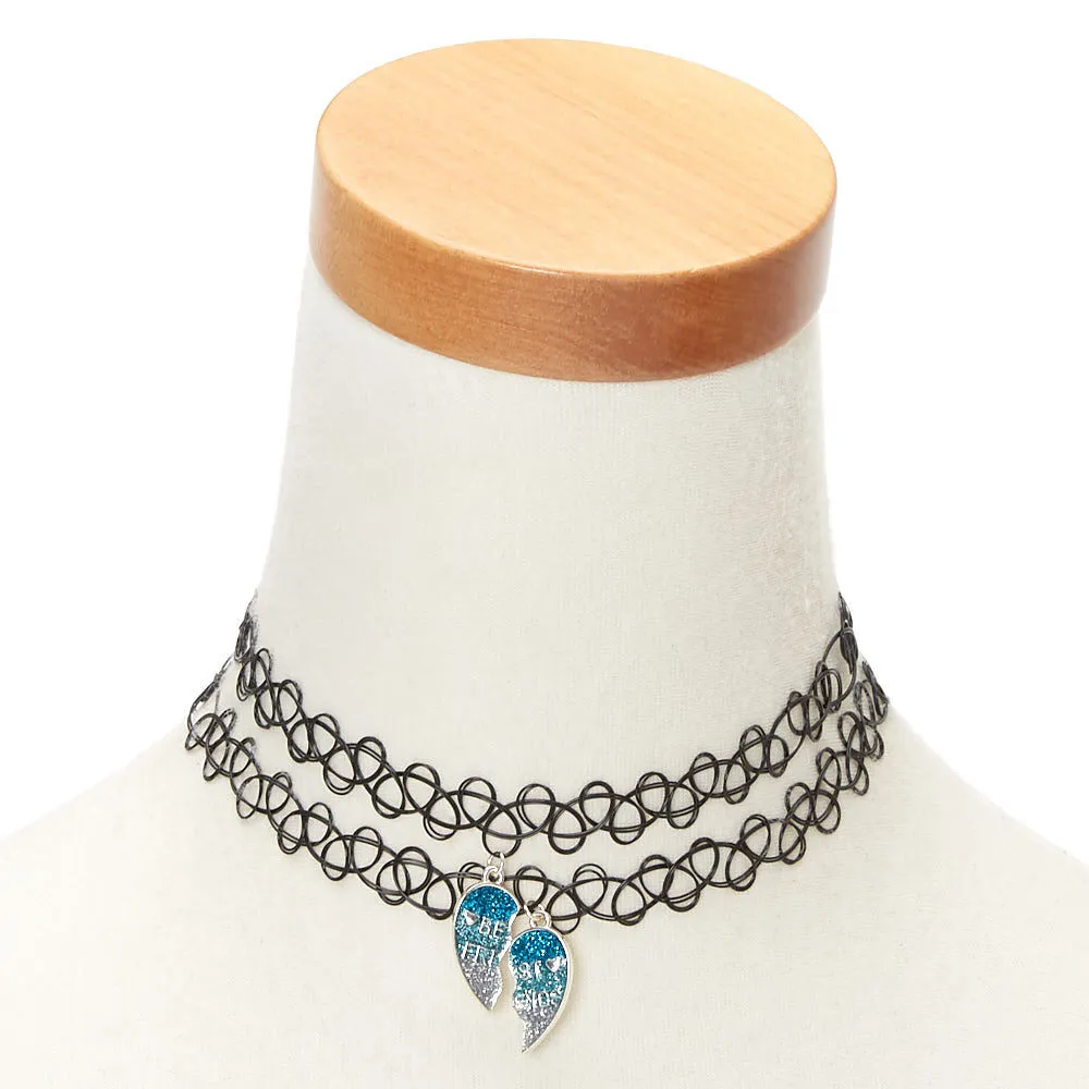 Lot de 2 ras-de-cou effet tatouage avec cœur bleu à paillettes best friends