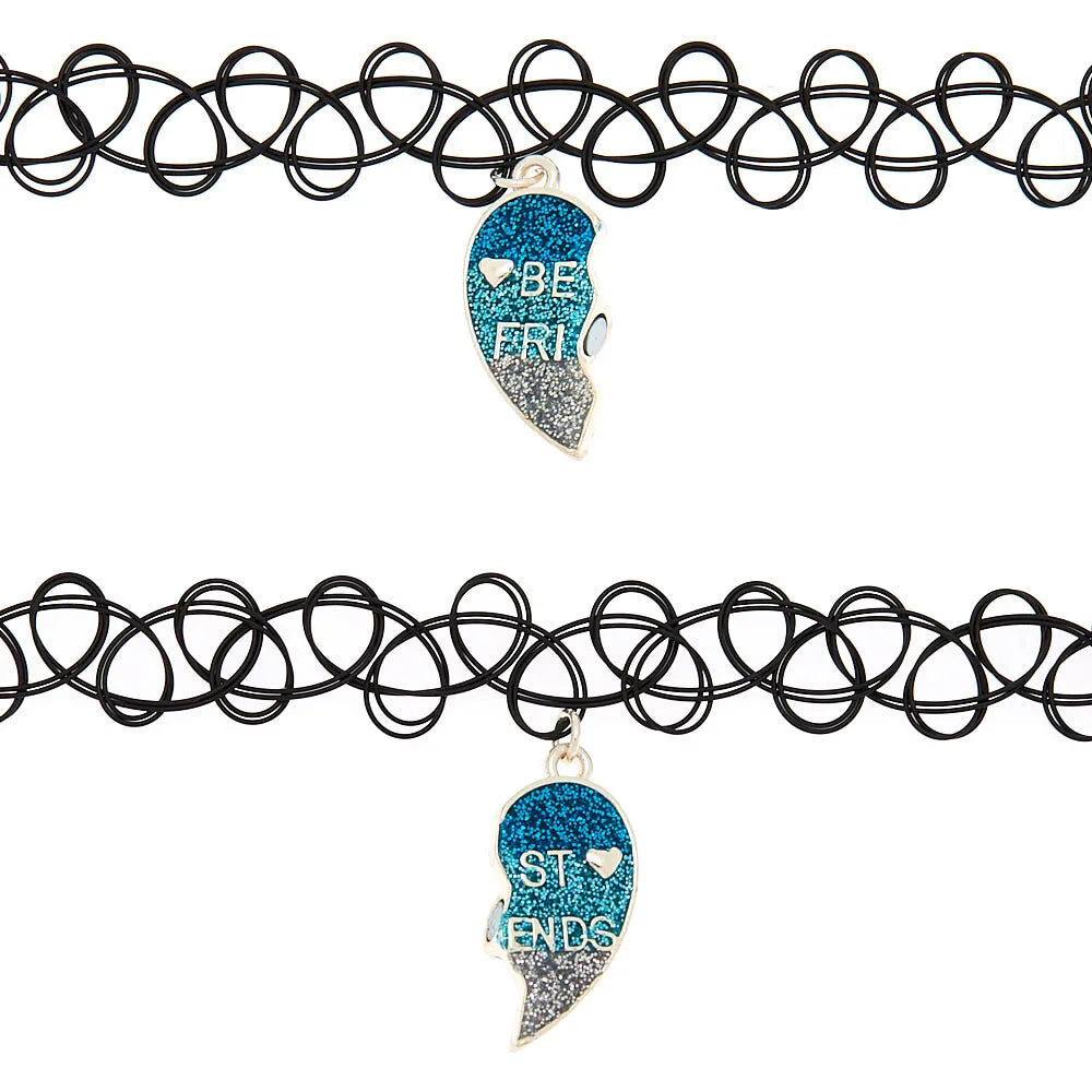 Lot de 2 ras-de-cou effet tatouage avec cœur bleu à paillettes best friends